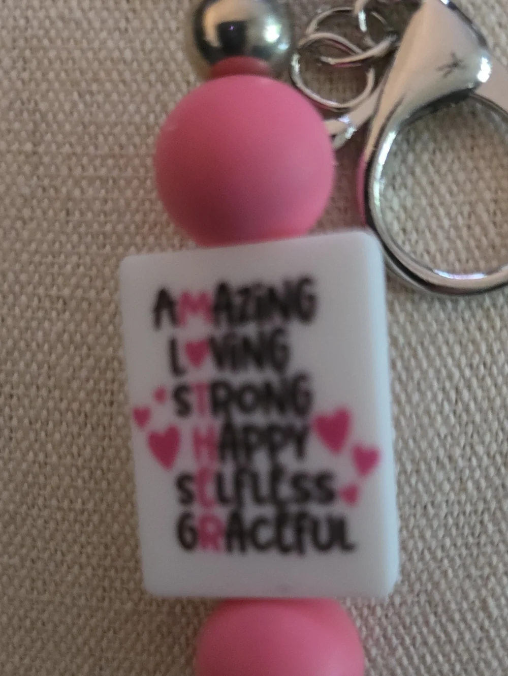 Source Unknown Pink and White Inspirational Bead Keychain with Clip
